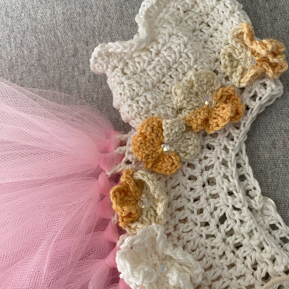 Handmade Cotton Crochet White Orange Light Pink Tulle Doll Teddy Bear Tutu Dress - Picture 12 of 12